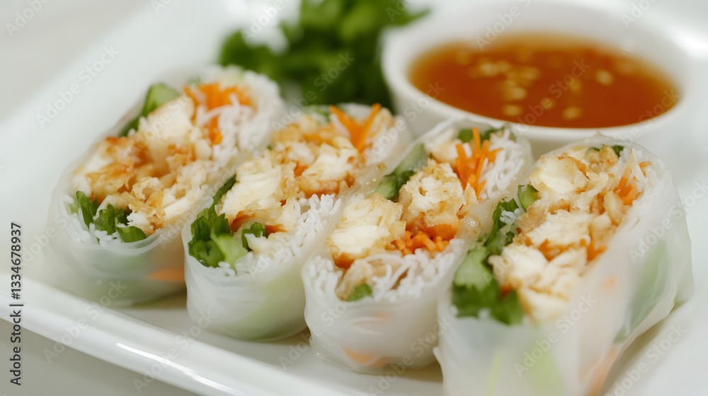 Delicious Crispy Chicken Summer Rolls with Dipping Sauce Delicious Crispy Chicken Summer Rolls with Dipping Sauce
