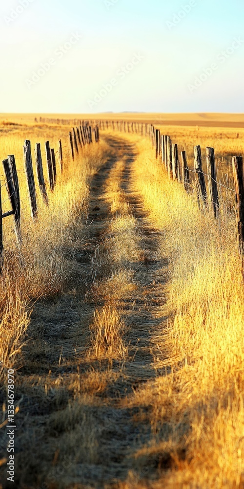 Obraz premium Dirt road winding through golden grass fields under a clear sky