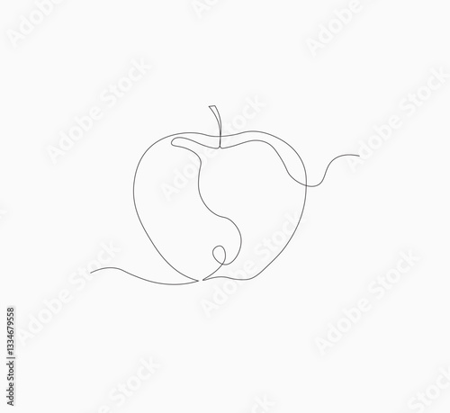 Simple continuous line drawing of an apple on white background , Continuous one line art drawing of vector apple icon .