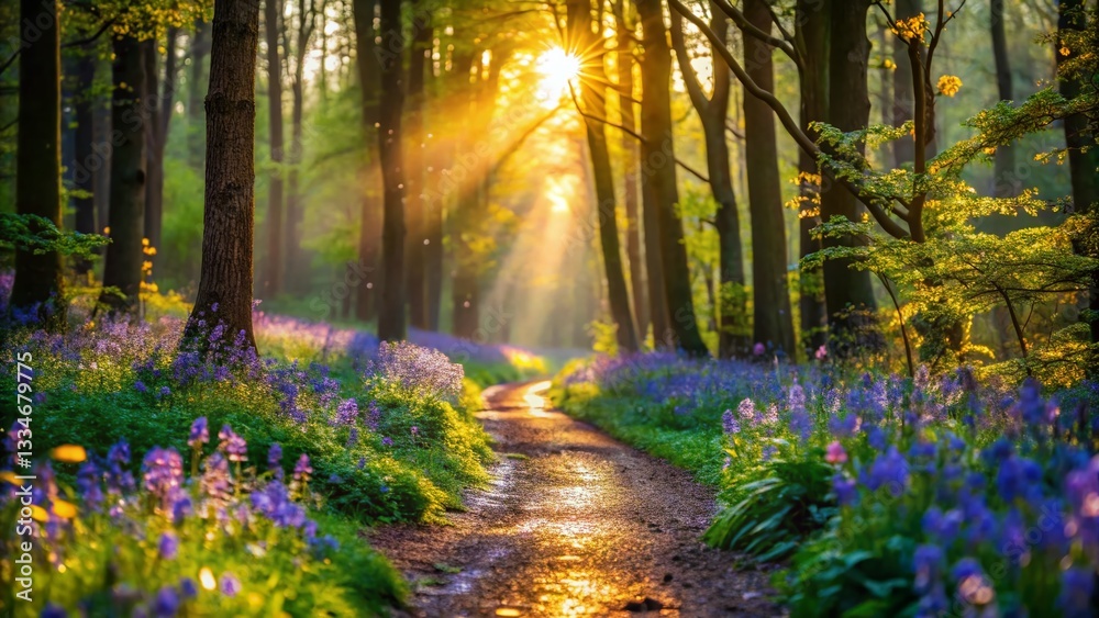 Obraz premium Spring Path Walk: Macro Photography of Blossoming Flowers and Delicate Greenery