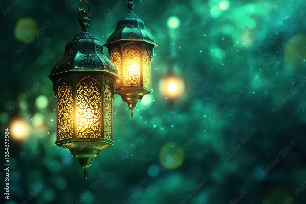 Two ornate lanterns hanging with glowing light on a teal and green bokeh filled background scene Two ornate lanterns hanging with glowing light on a teal and green bokeh filled background scene