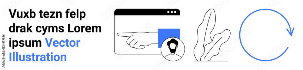Browser window with pointing hand, user profile icon, decorative plant element, and circular arrow. Ideal for user experience, profile management, digital interaction, technology, navigation cycle Browser window with pointing hand, user profile icon, decorative plant element, and circular arrow. Ideal for user experience, profile management, digital interaction, technology, navigation cycle