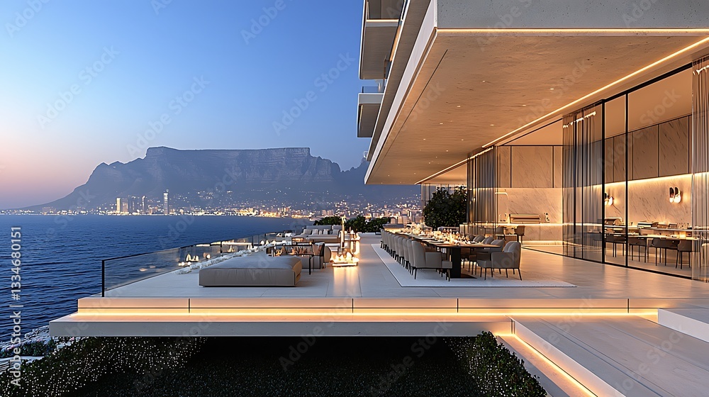 Obraz premium Modern penthouse patio overlooking city and mountain at sunset