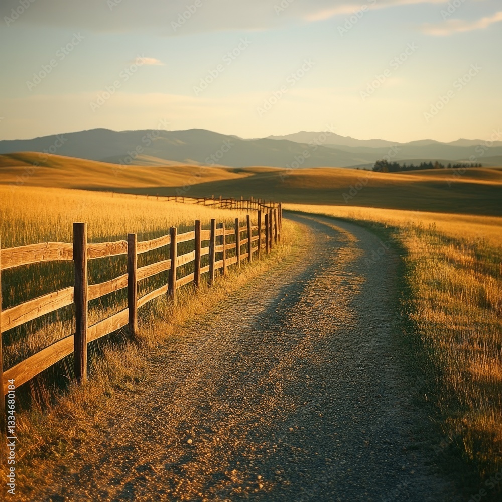 Winding dirt road surrounded by golden fields and distant mountains at sunset Winding dirt road surrounded by golden fields and distant mountains at sunset