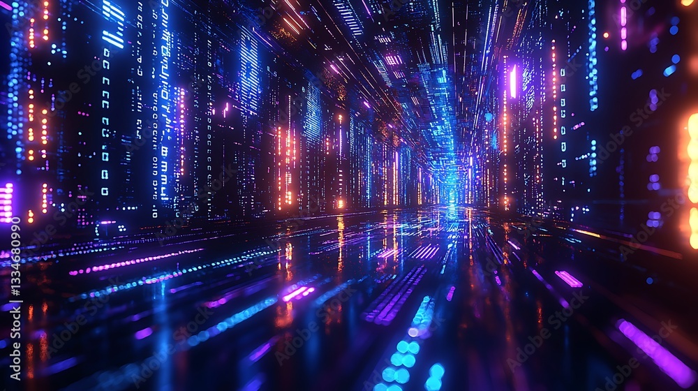 Obraz premium Abstract digital tunnel, neon lights, futuristic city, data stream. Background. Stock photo