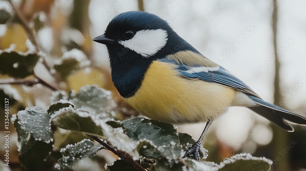 Obraz premium Great Tit on a Frosty Branch