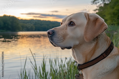 Yellow Lab sunset lake tranquil nature calm photo