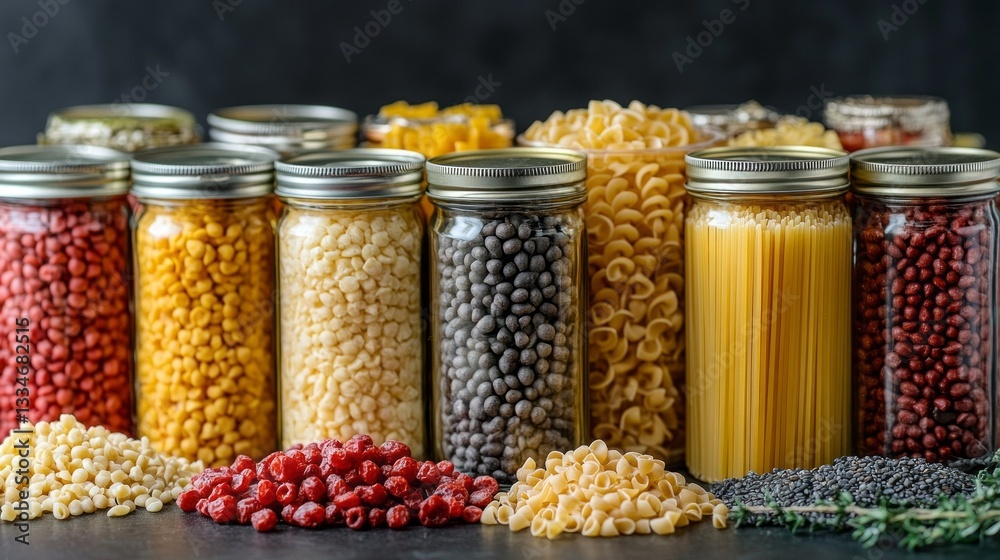 A vibrant collection of dried pasta and legumes fills glass jars, each showcasing unique colors and shapes. Surrounding them are scattered grains, creating a feast for the eyes A vibrant collection of dried pasta and legumes fills glass jars, each showcasing unique colors and shapes. Surrounding them are scattered grains, creating a feast for the eyes