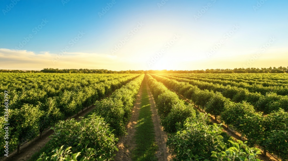 Naklejka premium Rows of fruit trees growing in a bright sunlit orchard field