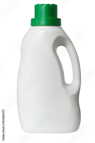 White plastic liquid laundry detergent bottle with green cap isolated on white
