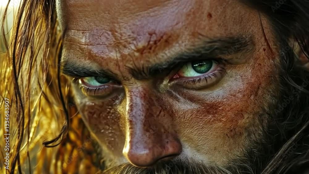 This striking portrait captures a warrior with determination in his eyes. The raw emotions and detailed textures highlight his intense character. A captivating video for any purpose. Generative AI This striking portrait captures a warrior with determination in his eyes. The raw emotions and detailed textures highlight his intense character. A captivating video for any purpose. Generative AI