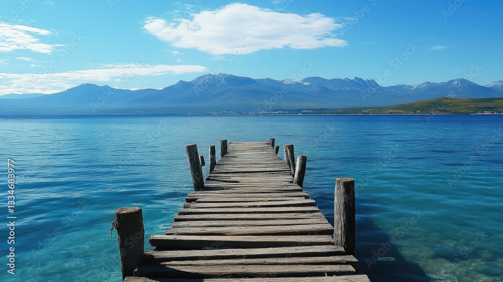 Fototapeta premium Weathered Posts of a Crumbling Pier Extending into the Serene Blue Waters of a Tranquil Lake