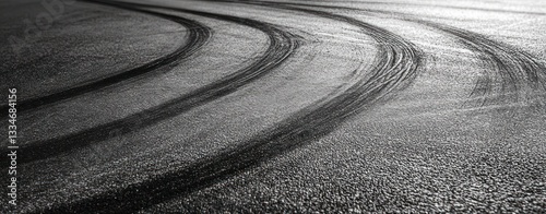 Aerial View Dynamic Tire Skid Marks on Asphalt Road Abstract Textured Background of Burnout Vehicle Trace