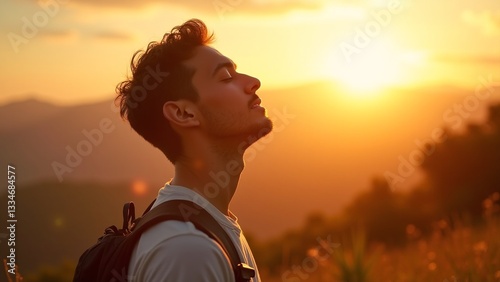 Young Man Enjoying Sunrise in Serene Mountain Landscape