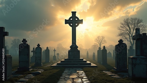 Ethereal Sunrise Over Celtic Cross in Spooky Graveyard Setting