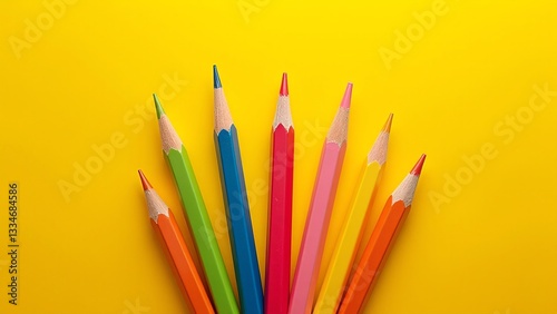 Colorful Pencils Arranged in a Circular Pattern on Bright Yellow Background