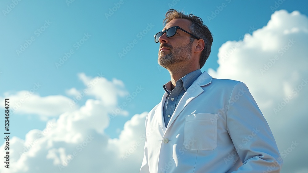 Confident Doctor in White Coat Looking at Sky Against Blue Background Confident Doctor in White Coat Looking at Sky Against Blue Background