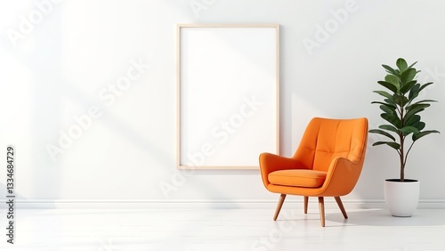 Bright Modern Living Room with Orange Armchair and Empty Frame