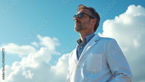Confident Doctor in White Coat Looking at Sky Against Blue Background
