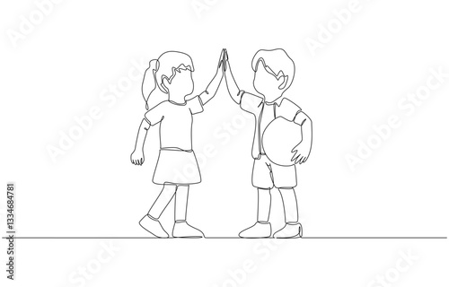 Continuous one line drawing of boy and girl sharing high five, childhood friendship concept, single line art