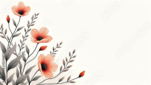 Elegant Floral Design with Soft Poppies and Delicate Leaves