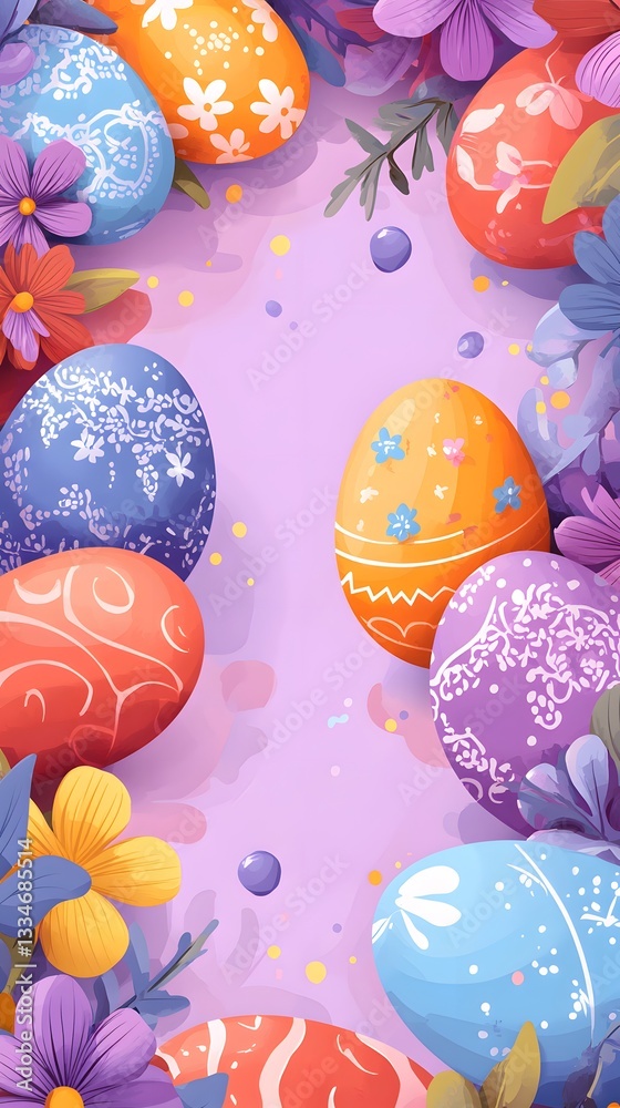 Fototapeta premium Easter Egg Extravaganza: A vibrant display of colorful Easter eggs surrounded by an array of blooming flowers, creating a festive and cheerful composition for the spring season