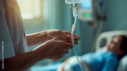 A healthcare professional is connecting an IV line, emphasizing the medical care process in a hospital setting.