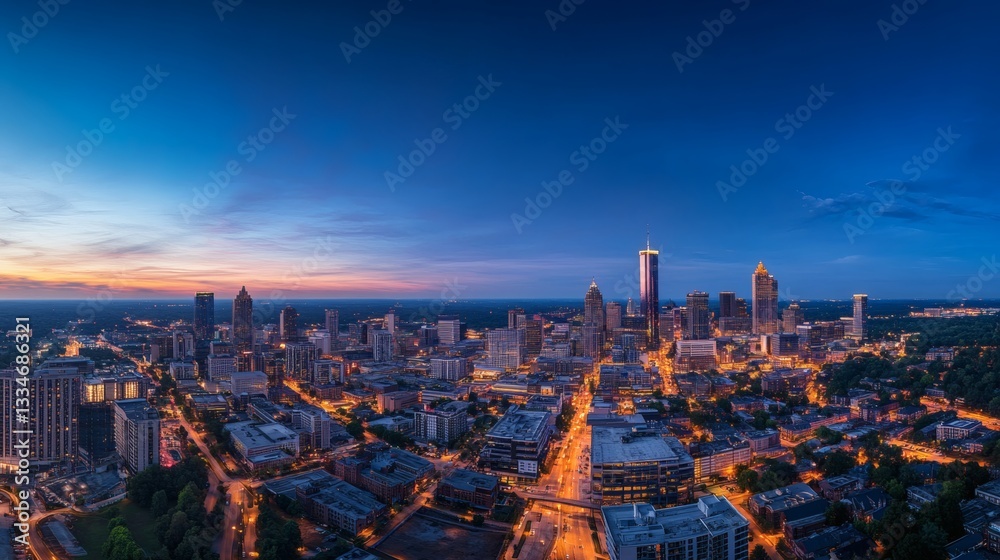 Obraz premium Elevated panoramic cityscape view at dusk showing illuminated buildings