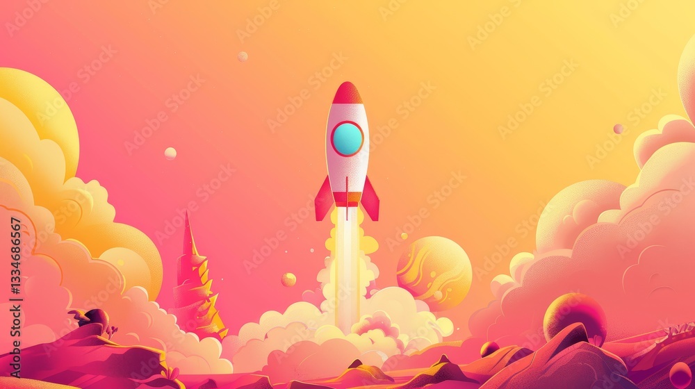 Fototapeta premium Minimalistic Space Rocket Ship Taking Off Illustration with Clean Lines and Simple Background