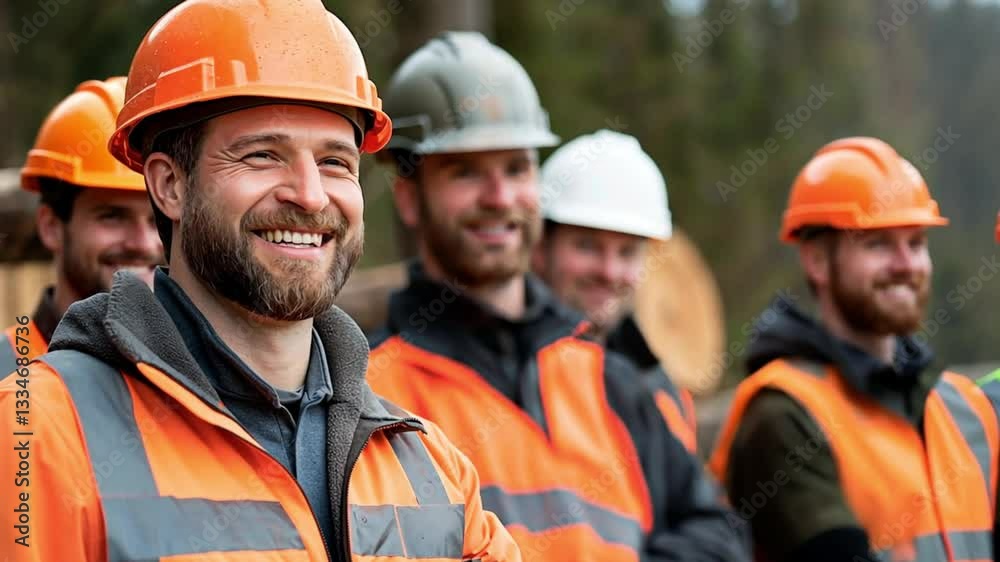A group of smiling carpentry workers in reflective vests and helmets stand together confidently at a construction site. concept of teamwork, skilled labor, and workplace satisfaction. A group of smiling carpentry workers in reflective vests and helmets stand together confidently at a construction site. concept of teamwork, skilled labor, and workplace satisfaction.