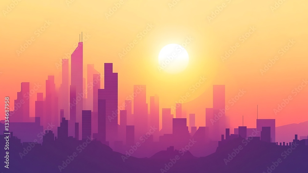 Naklejka premium A stylized cityscape silhouette is under a vibrant setting sun