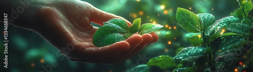A hand cradling a vibrant green plant, symbolizing a sustainable mindset and nurturing the earth, lush plant details, vibrant colors, ultrarealistic, ecofriendly future, 8K clarity