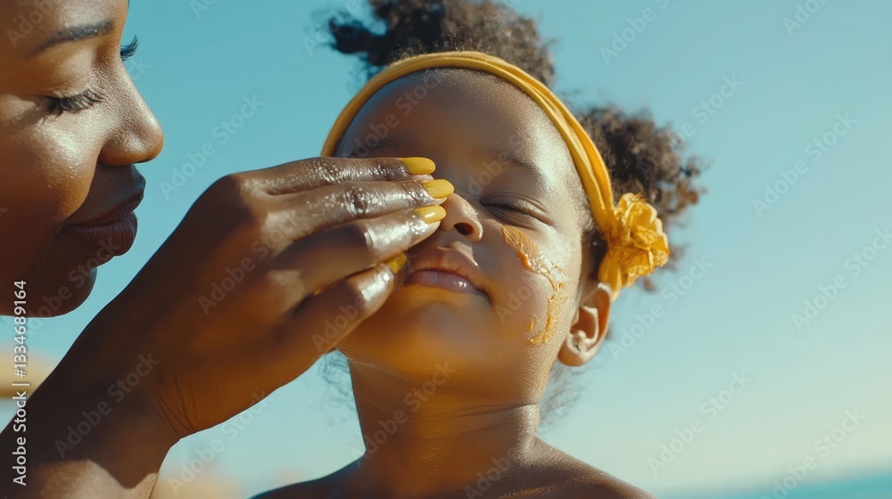 A mother applies sunscreen to her child's face on a sunny day by the beach.