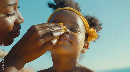 Obraz na płótnie A mother applies sunscreen to her child's face on a sunny day by the beach. w salonie