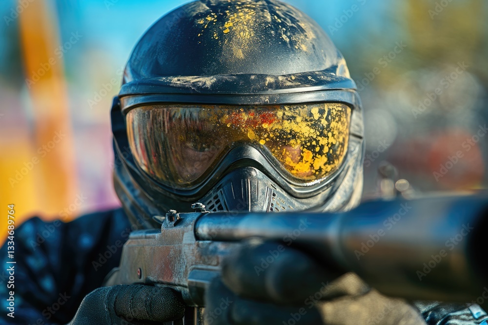 Fototapeta premium Dynamic Paintball Gun Action â€“ Extreme Fun and Recreation for Thrill-Seeking Guys