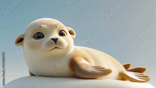 Cute animated seal lounging comfortably on a surface with a calm expression and soft colors