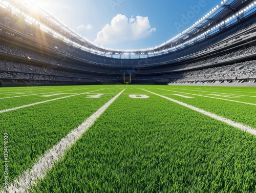 Lush Green Football Field with Clear Blue Sky and Stadium Background