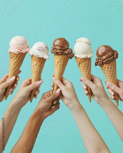 Five hands holding ice cream cones