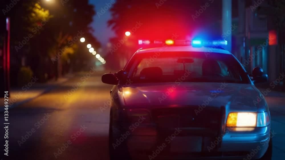 Police Car with Flashing Lights Patrolling Quiet City Streets Night, smooth repeating motion for background video animation Police Car with Flashing Lights Patrolling Quiet City Streets Night, smooth repeating motion for background video animation