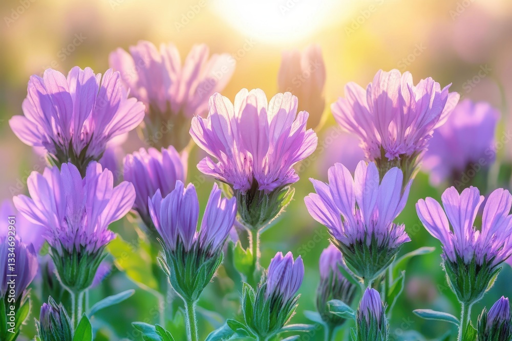 Obraz premium Purple flowers blooming in sunlight a vibrant floral scene