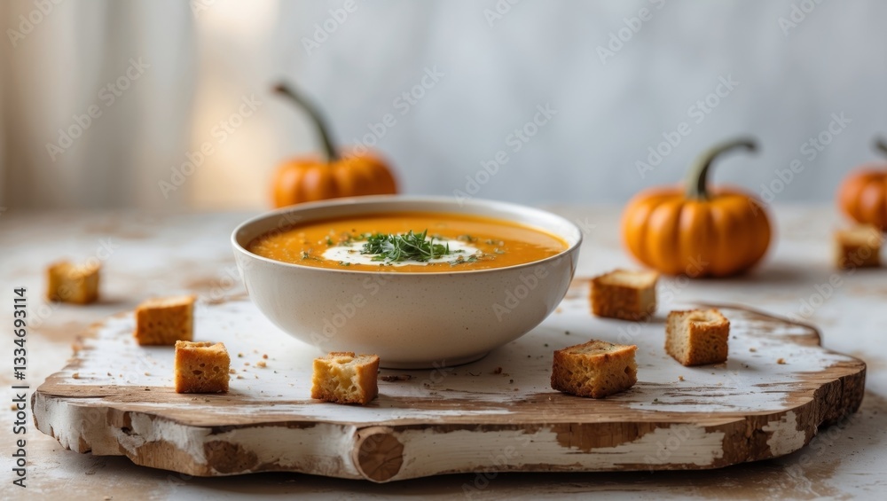 Autumnal Pumpkin Soup with Toasted Bread Cubes Served on Rustic Wooden Board.
