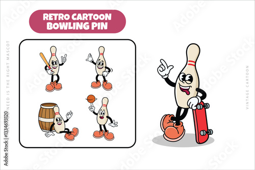 Set of Traditional Bowling Pin Cartoon Illustration with Varied Poses and Expressions