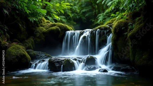 Serene Waterfall Cascading Over Mossy Rocks in Lush Green Jungle. Looping video.