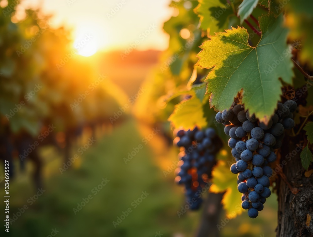 Fototapeta premium Ripe grapes hanging in vineyard at sunset, tuscany, italy