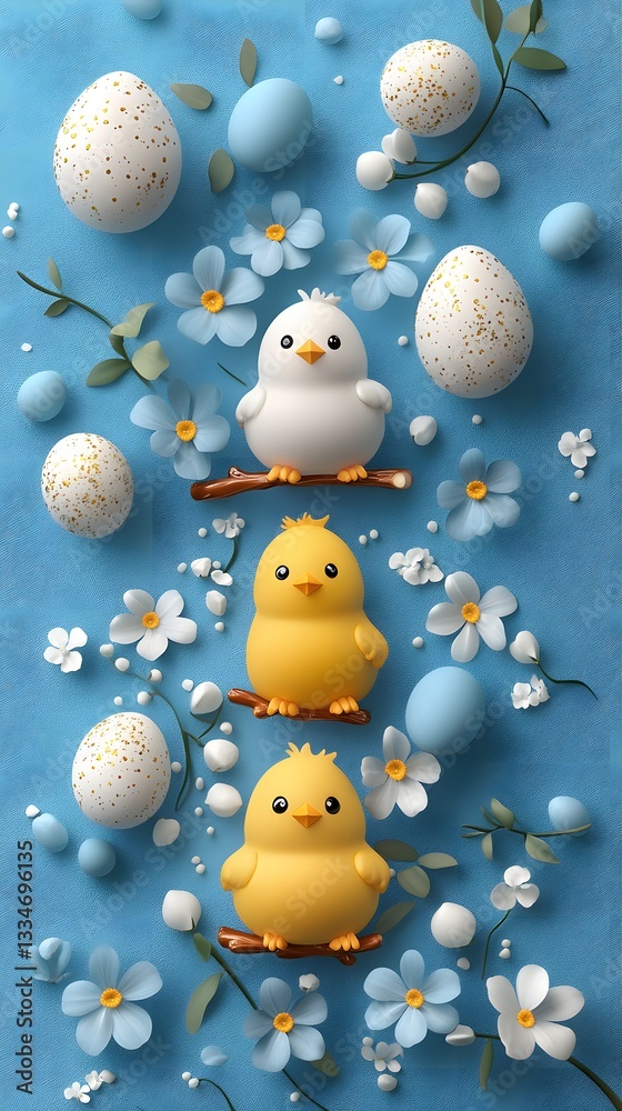 Obraz premium Easter Eggs and Chicks: A charming Easter still life with vibrant pastel colors, featuring adorable chicks, speckled eggs, and delicate spring flowers.