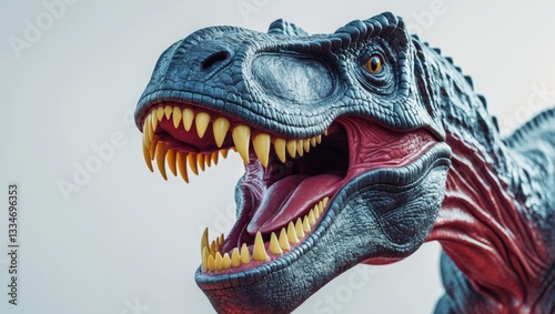 A tight shot of a dinosaur's gaping maw exposing its jagged teeth
