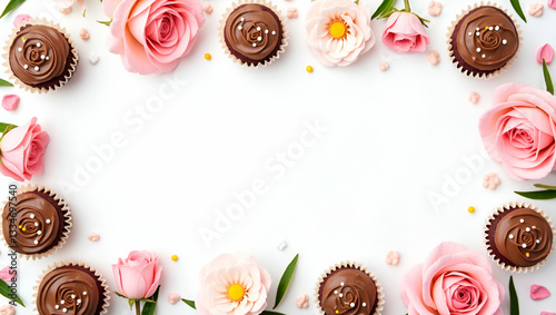 Charming Sweet Cupcakes and Colorful Flowers Frame with Joyful Copy Space for Mother's Day Greetings - Perfect Photo Stock Concept with Empty Space on the Left