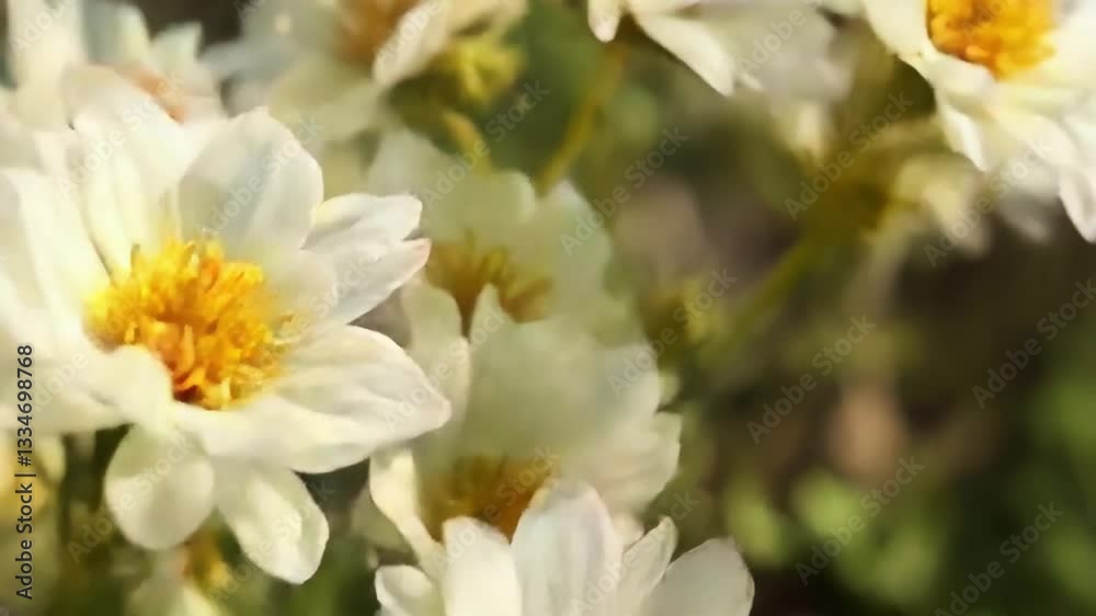 Close-up of white flowers with yellow centers in a garden setting. Close-up of white flowers with yellow centers in a garden setting.