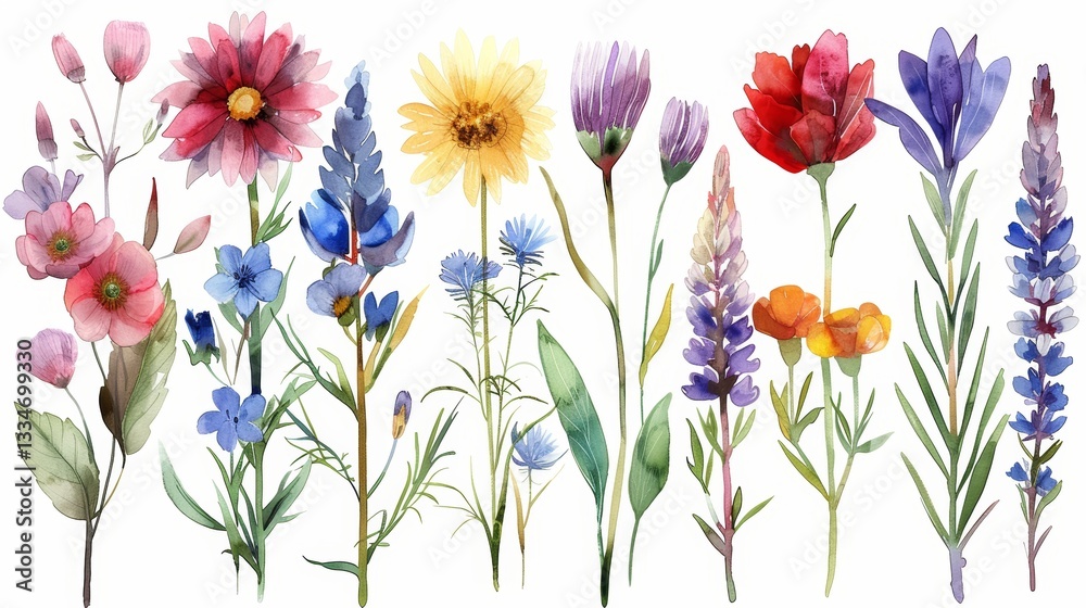 Fototapeta premium Elegant watercolor botanical illustration of assorted blooming flowers in vibrant colors, hand painted and isolated on a clean white background, perfect for spring and summer designs
