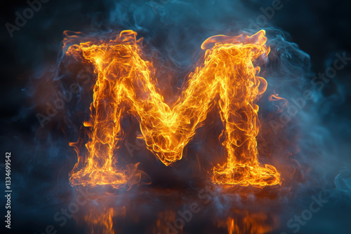 Letter 'M' ablaze, fiery orange flames against dark background, creating a mesmerizing visual impact.